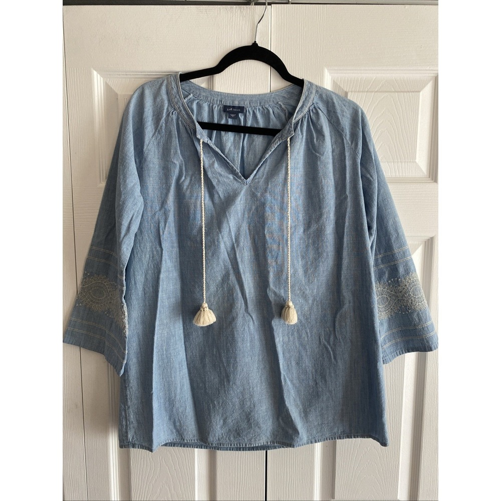 J. Jill Denim Embroidered Peasant Tunic Womens Size S Blue Cotton Boho
